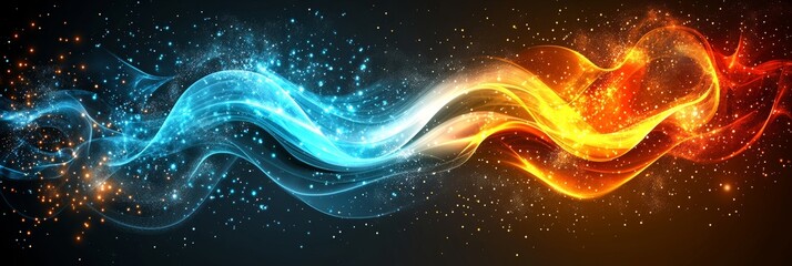 Poster - Abstract Blue And Orange Fire Energy, Glowing Wavy Lines On A Black Background, Fluid Art Design,
