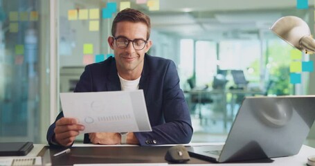 Poster - Auditor, laptop and business man with document, financial stats and bookkeeping data. Computer, office and happy worker with paperwork, investment analysis or reading review for revenue performance
