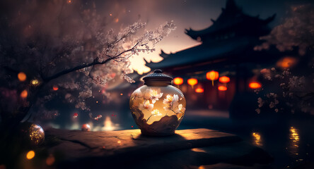 Aufkleber - A decorative lantern with cherry blossom patterns illuminates a tranquil night scene. A pagoda and flowering trees create a serene, warm ambiance under the evening sky.