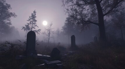 Poster - A sinister Halloween scene with a foggy graveyard, ghostly mist covering broken tombstones, eerie moonlight filtering through haunted trees, chilling dark ambiance, wide-angle shot. 