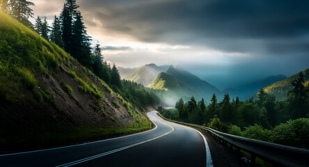 Poster - A winding road cuts through a lush green mountain landscape.  Dark clouds contrast with sun rays breaking through, illuminating the distant peaks and forest. The scene evokes a sense of journey and sc
