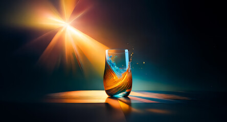 Poster - A glass with swirling liquid mid-splash, brightly illuminated by a top light source, casting strong rays and vibrant orange and blue colors on a dark backdrop.