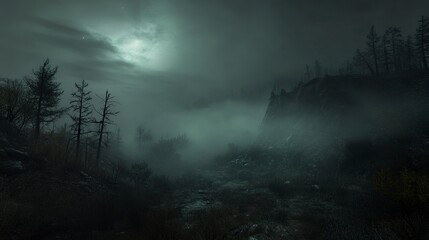 Wall Mural - a spooky, fog-filled mountain landscape, dense pine forest barely visible through the swirling mist,