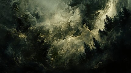 Wall Mural - a spooky, fog-filled mountain landscape, dense pine forest barely visible through the swirling mist,