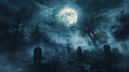 Wall Mural - a spooky halloween graveyard engulfed in mist, haunted trees stretching toward the glowing full moon