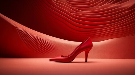 Poster - A striking pair of red high heels on a luxurious red background, smooth textures and soft shadows enhancing elegance, bold and stylish aesthetic