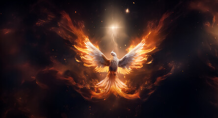 Aufkleber - A fiery bird with outstretched wings radiates light against a cosmic dark backdrop. The mythical phoenix glows brilliantly, surrounded by nebula-like clouds and sparks of energy.