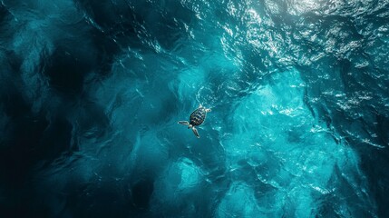 Poster - A stunning high-angle aerial view of a sea turtle gliding through the crystal-clear waters, deep blue hues blending with light ripples, natures beauty on full display 