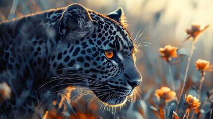 Wall Mural - a stunning leopard portrait, intense amber eyes focused, intricate rosette patterns on its fur glowi