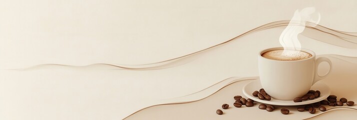 Aufkleber - Elegant minimalist coffee cup design with steam and scattered coffee beans in warm brown tones