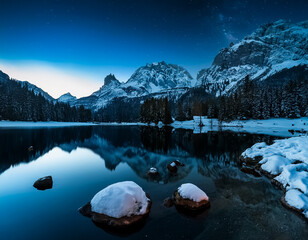 Aufkleber - Snowy mountain peaks reflect in a serene lake under a starlit night sky. Winter scene with dark blue hues and snow-covered rocks in the foreground.