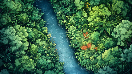 Aerial View of Lush Tropical River and Rainforest Canopy