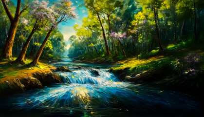Leinwandbilder - Vibrant forest scene. Clear river flows through lush greenery and trees under bright sky. Sunlight filters leaves, illuminating water.