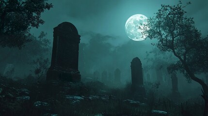 Wall Mural - a terrifying misty cemetery at midnight, ancient tombstones fading into thick fog, eerie full moon g