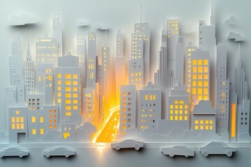 Poster - Layered paper art showcases a vibrant modern city skyline with glowing windows and illuminated streets during the evening