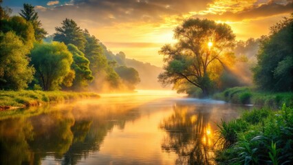 Wall Mural - Bokeh-filled sunrise paints a misty river scene; lush greenery and tranquility define this breathtaking vista.