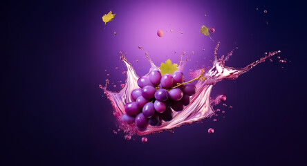 Poster - Purple grapes dynamically burst with splashing liquid against a vibrant violet backdrop, with a few leaves accentuating the motion.