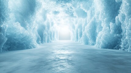 Poster - A vast, empty ice chamber with blurred frosty walls and a smooth frozen floor, illuminated by soft cool lighting, creating a serene, surreal winter atmosphere, wide-angle shot, 3D abstract render. 