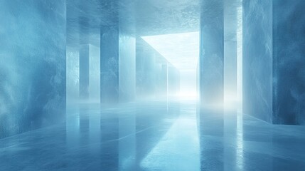 Aufkleber - A vast winter room with smooth icy surfaces, slightly blurred frosty textures, glowing soft blue light, misty cold ambiance, 3D abstract fantasy setting, wide-angle ethereal view.  