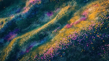 Aufkleber - A vibrant aerial view of a wildflower meadow, fields bursting with colorful blooms stretching into the distance, soft wind creating gentle waves of movement across the flowers 
