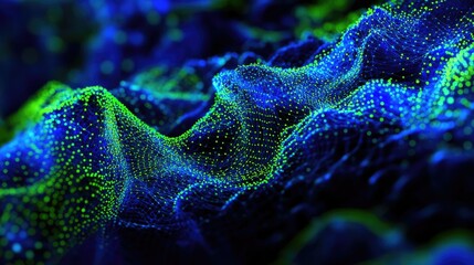 Poster - A 3D-rendered abstract tech network scene with vibrant blue and green dots and lines forming a digital web.