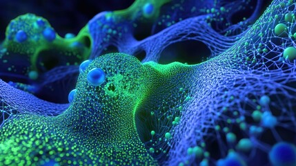 Poster - A 3D-rendered abstract tech network scene with vibrant blue and green dots and lines forming a digital web.