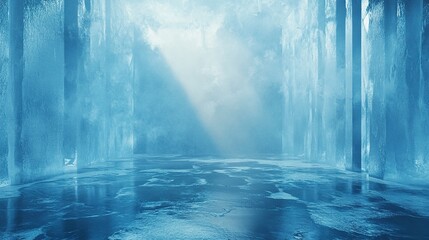 Poster - abstract ice room with translucent blue walls and a glossy frozen floor, soft misty lighting, frost-