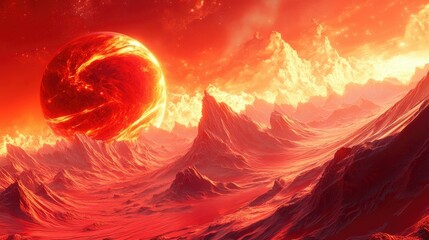 Poster - A cutting-edge red futuristic digital landscape with fluid motion and high-tech energy waves.