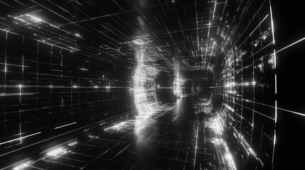 Poster - A digital cyber wireframe tunnel in 3D, featuring geometric grid patterns and a sci-fi-inspired perspective.