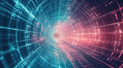 Poster - A digital cyber wireframe tunnel in 3D, featuring geometric grid patterns and a sci-fi-inspired perspective.