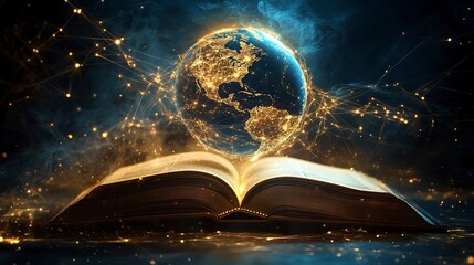 Wall Mural - an open book radiating golden light, earth floating above, glowing lines connecting countries, symbo