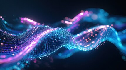 Poster - A dynamic 3D-rendered holographic wave in neon blues and purples, flowing against a dark futuristic background.