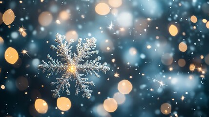 Poster - Cool-toned Christmas backdrop with luminous snowflakes suspended in mid-air, soft bokeh sparkles and a crisp, wintry chill, artistic blur 