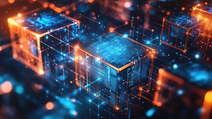 Poster - A futuristic abstract background of interconnected luminous cubes, representing artificial intelligence and blockchain tech.