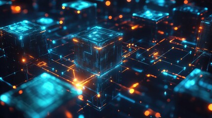 Poster - A futuristic abstract background of interconnected luminous cubes, representing artificial intelligence and blockchain tech.