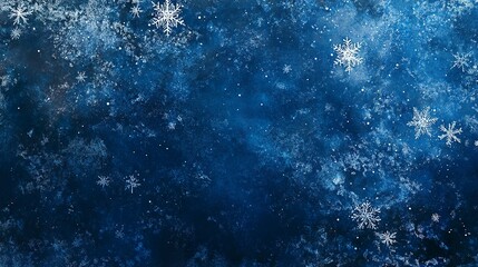 Poster - Deep blue Christmas backdrop with intricate snowflakes swirling in icy air, subtle frosty mist and twinkling light reflections, cinematic depth