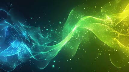Poster - A futuristic digital cyberspace background with flowing green and blue waves of particles and connected dots.
