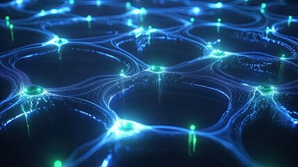 Poster - A futuristic digital network concept with glowing blue and green nodes connected by flowing energy lines.