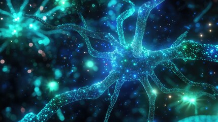Poster - A futuristic digital network concept with glowing blue and green nodes connected by flowing energy lines.