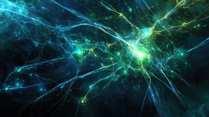 Poster - A futuristic digital network concept with glowing blue and green nodes connected by flowing energy lines.
