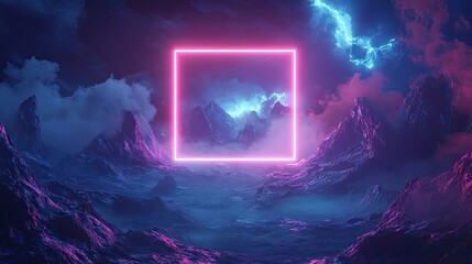 Poster - A futuristic landscape with a glowing square frame illuminating neon mountains under stormy night clouds.