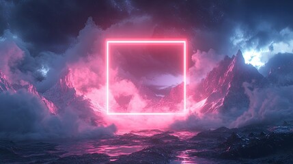 Poster - A futuristic landscape with a glowing square frame illuminating neon mountains under stormy night clouds.