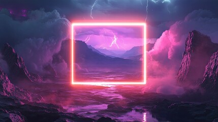 Poster - A futuristic landscape with a glowing square frame illuminating neon mountains under stormy night clouds.