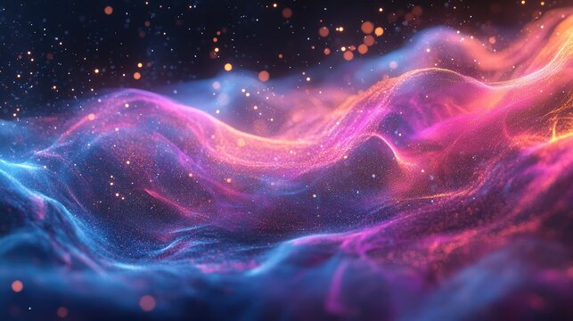 A high-energy wave of colorful particles dynamically swirling in space, creating a vibrant and modern effect.