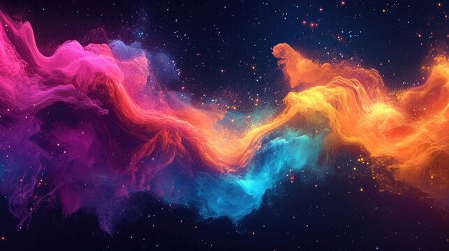 A high-energy wave of colorful particles dynamically swirling in space, creating a vibrant and modern effect.