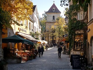 street view, pedestrians in historical city town