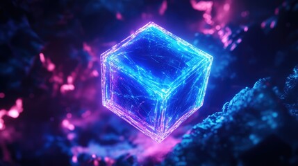 Poster - A high-tech abstract visualization of a digital cube network in neon blue, floating in a futuristic cyberspace.