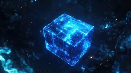 Poster - A high-tech abstract visualization of a digital cube network in neon blue, floating in a futuristic cyberspace.