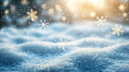 Poster - Frosty blue Christmas scene with glowing snowflakes drifting against a blurred snowy landscape, soft winter lighting and gentle snowfall 