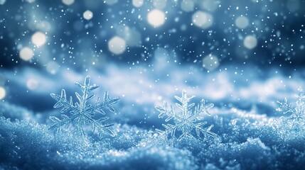 Poster - Frosty blue Christmas scene with glowing snowflakes drifting against a blurred snowy landscape, soft winter lighting and gentle snowfall 